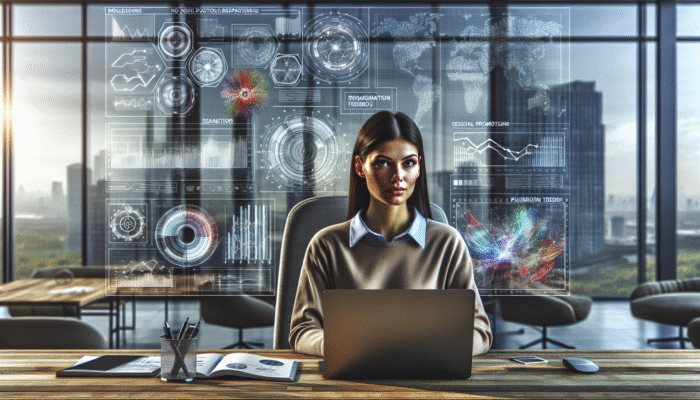 A data analyst scrutinizing graphs and charts, focusing on seasonal promotion trends in a modern office.