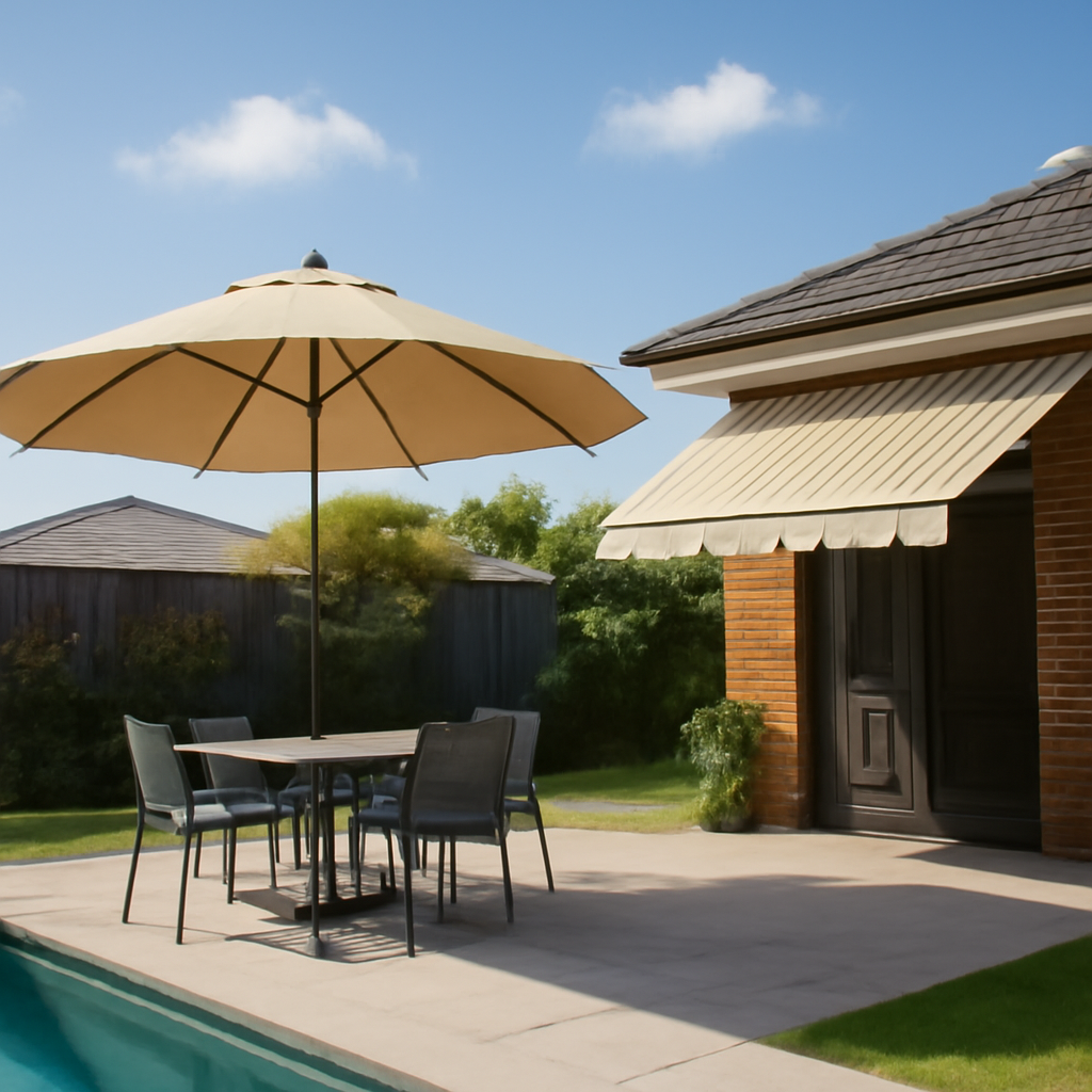 Illustration of flexible freestanding shade solutions: umbrellas and retractable awnings for Brisbane backyards