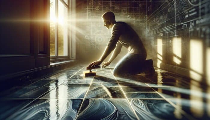 Person in West Dunbartonshire cleaning slate floors naturally, sunlight highlighting the glistening surface.