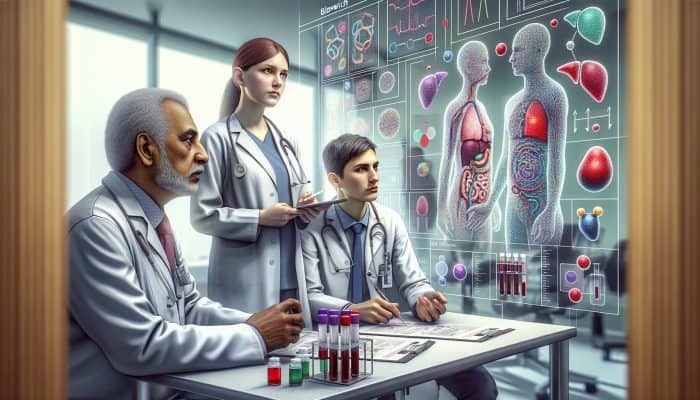 A medical illustration depicting liver blood testing in a modern Bloxwich clinic, showcasing experts and equipment.