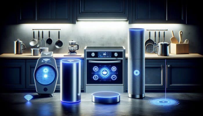 A contemporary kitchen showcasing voice-activated gadgets such as Amazon Echo, Google Nest Hub, a smart oven, and a coffee maker.