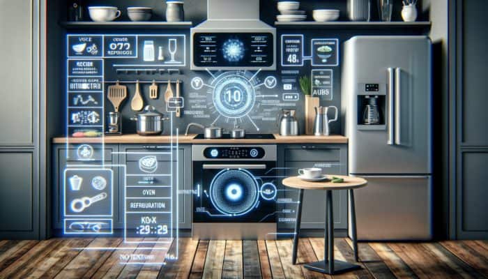 A smart kitchen featuring voice-activated controls for the oven, fridge, and coffee maker, displaying recipes and timers.
