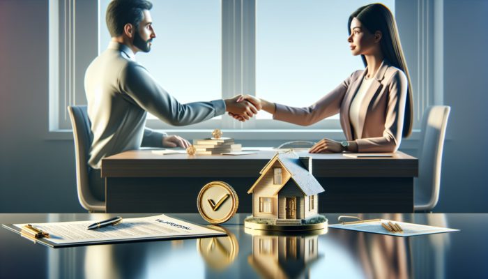 Person shaking hands with bank representative over pre-approval document, house model, and financial charts.