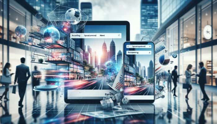 E-commerce website displayed on a smartphone and laptop, featuring user-friendly navigation, quick loading times, mobile responsiveness, and a Bampton business environment with active shoppers.