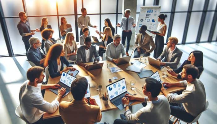 Bampton business owners participating in an e-commerce workshop, collaborating with technology experts and using laptops.