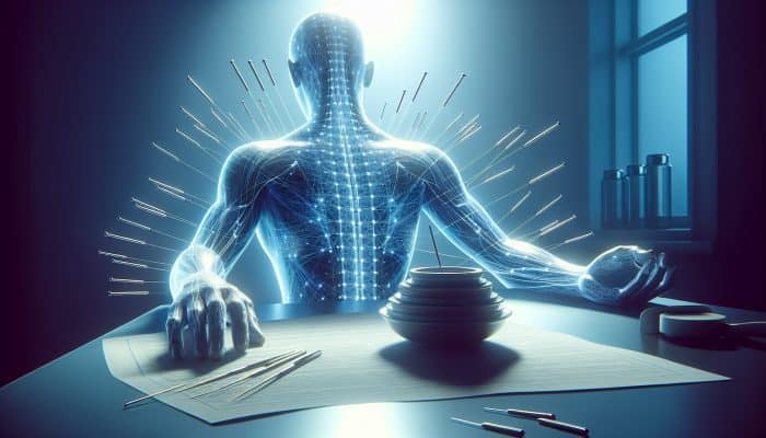 A calming acupuncture session in a UK clinic, with needles strategically placed along meridians to alleviate nerve pain and inflammation.