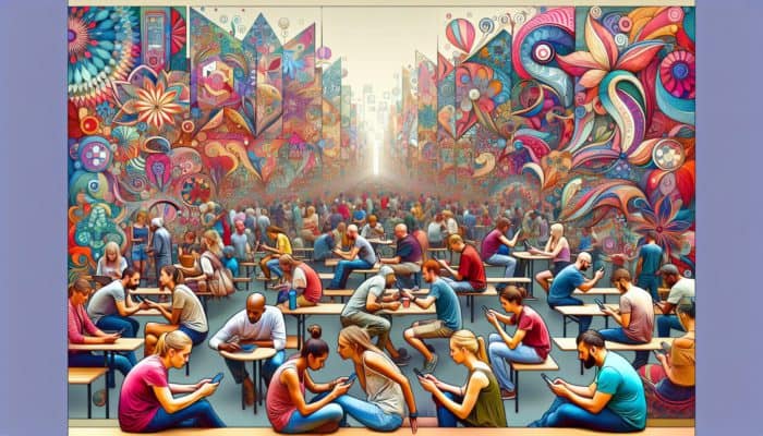 A lively local festival scene with people interacting with branded content on smartphones, surrounded by colorful banners and high-quality images.