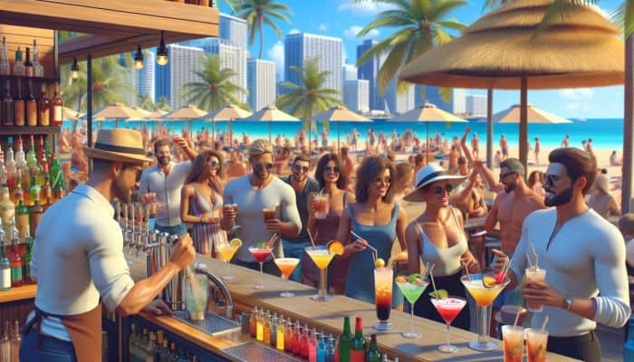 Vibrant scene at Mandalay Bay's day drinking bars with lively cocktails and cheerful guests.