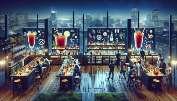 Rooftop bar at Mandalay Bay overlooking the Strip, featuring sophisticated cocktails and a customizable Bloody Mary bar.