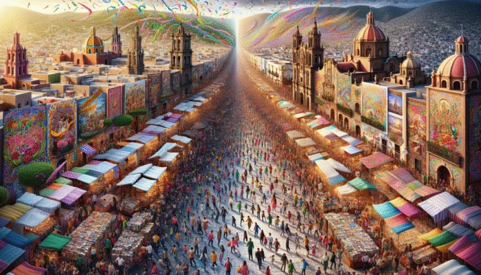 A vibrant scene of San Miguel de Allende's Fiesta and Guadalajara's bustling Book Fair.