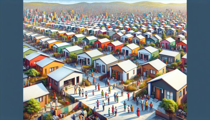 Soweto neighborhood with modern homes, proud homeowners, symbolizing equity and community.