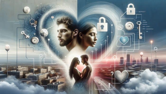 A couple on a video call, sharing emotions, connected by symbols of trust and distant cities with a heart.
