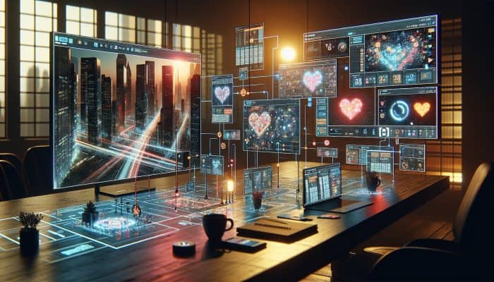 Apps like WhatsApp, Zoom, and Couple on screens, connecting two individuals in different cities for a long-distance relationship.