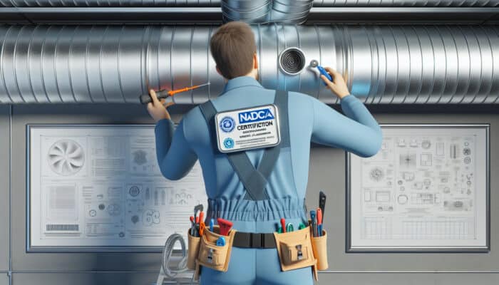 A certified duct cleaning technician in uniform using specialized tools, proudly displaying a NADCA certification badge.