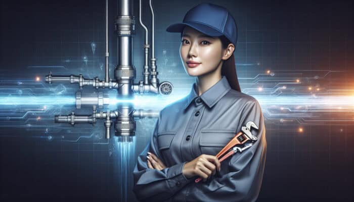 A qualified plumber utilizing advanced instruments to maintain and repair a modern drainage system in a professional environment.