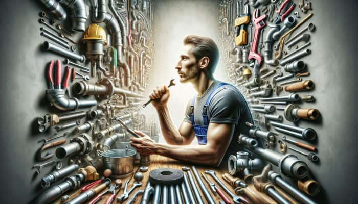 A plumber meticulously reviewing a checklist in an organized workshop to choose the perfect drain service.