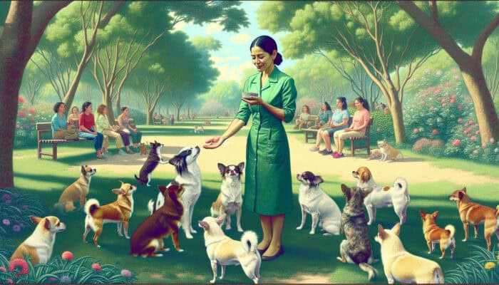 A therapist guiding chihuahuas through social exercises in a serene park to ease their anxiety.