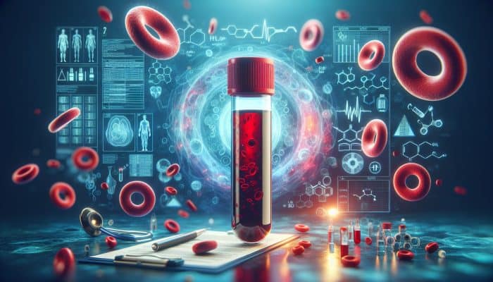 Ferritin Blood Test in Droylsden: Illustration showing a blood vial, ferritin proteins, red blood cells, and iron storage in a clinical environment.