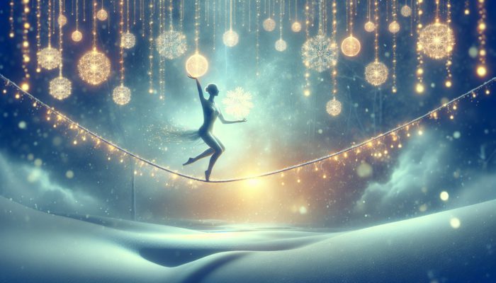 A person balancing on a tightrope adorned with holiday lights, set against a serene winter landscape with falling snow.