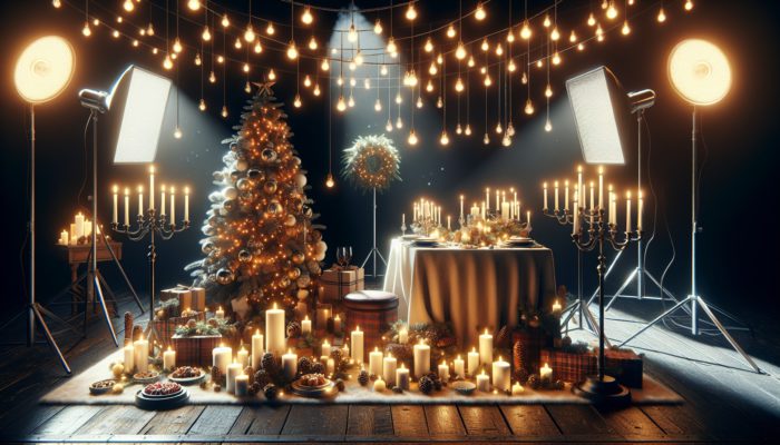 A cozy holiday scene featuring string lights, candles, and a beautifully decorated Christmas tree and table, enhanced by varied lighting.