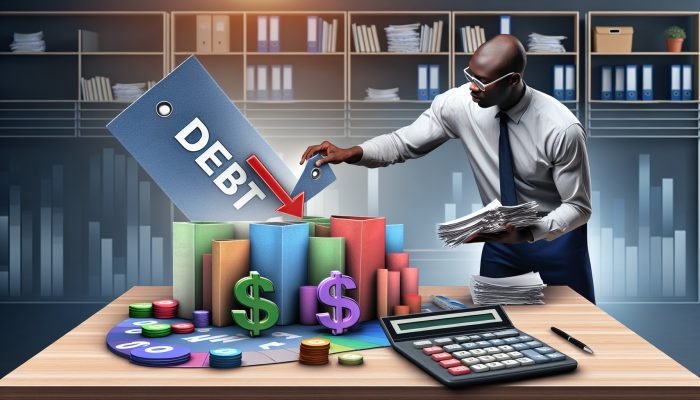 Debt Consolidation Loan APR Breakdowns: UK Guide | DCL A person organizing colorful debt papers into a "Consolidation Loan" folder, with a calculator showing reduced interest rates, in a modern UK office.