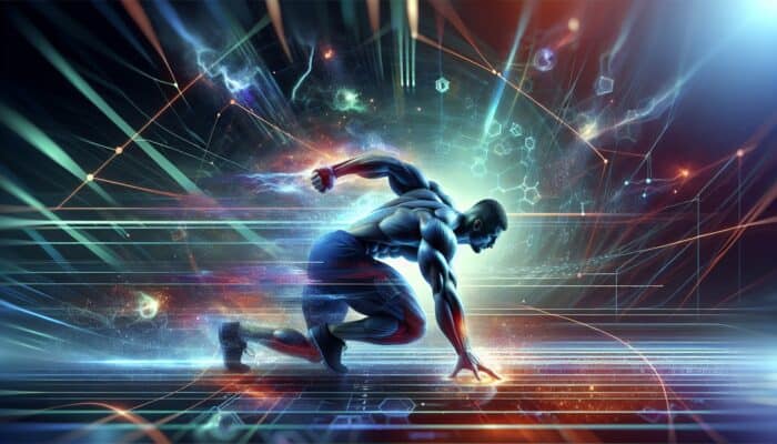 Athlete undergoing high-intensity training, enhanced by beta-alanine, with a dynamic backdrop.