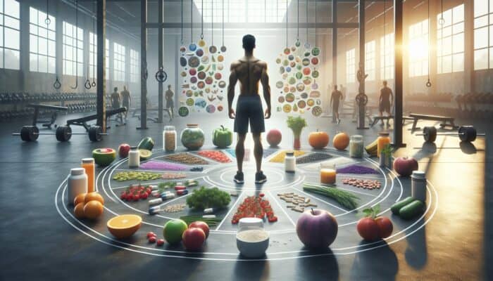 An athlete in a gym, surrounded by wholesome foods and supplements, illustrating the importance of dietary balance.