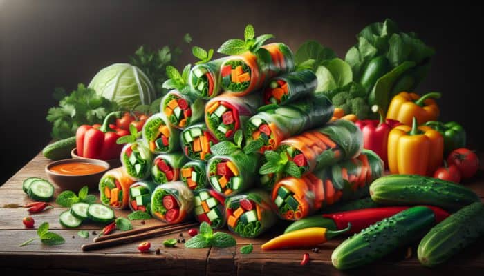 Fresh spring rolls with lettuce, carrots, cucumbers, bell peppers, mint, and coriander on a rustic wooden table.