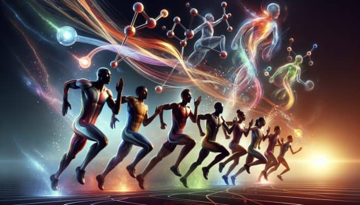 Side Effects of Nitric Oxide Boosters: Athlete running with glowing L-arginine and L-citrulline molecules enhancing blood flow and recovery.