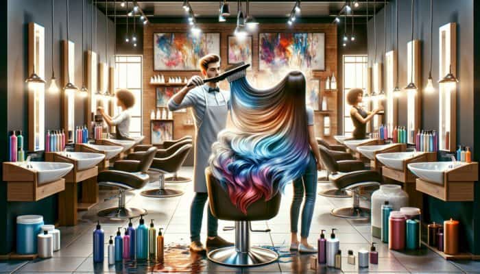 A professional stylist applying ombre hair color with high-quality products in a well-lit salon.