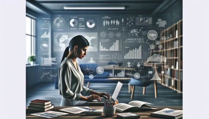 Small business owner analyzing SEO trends on laptop in modern office, surrounded by marketing resources.