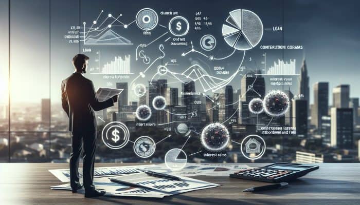 Debt Consolidation for Business Debt: UK Solutions | DCL A businessman analyzing loan documents with charts and graphs in a modern office, city skyline visible.
