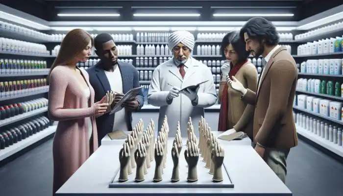 A group of individuals in Boston selecting rubber gloves with expert guidance in a modern store.