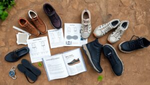 Four pairs of Xero Shoes in brown, beige, blue, and black are arranged in a circle on a sandy surface. Shoe insoles, an exploration guide, a compass, instruction booklets, and green leaves are scattered around the shoes.