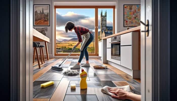 A diligent individual cleaning grout haze from kitchen floor tiles, with picturesque Scottish architecture in the background.