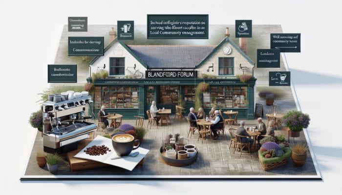 A bustling café in Blandford Forum with signs promoting best coffee and community event flyers.