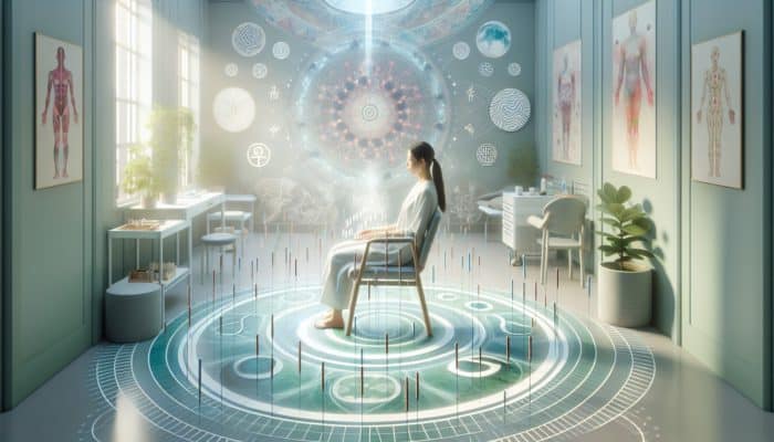 A woman receiving acupuncture in a tranquil UK fertility clinic, surrounded by calming colors and traditional Chinese symbols, depicting the serenity of the treatment environment.