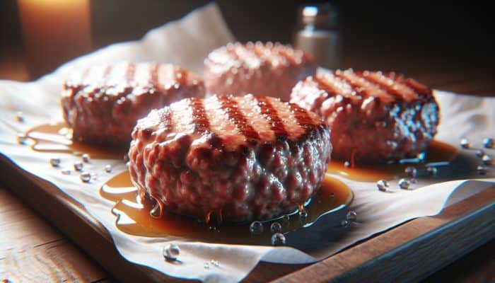 Chilled burger patties on parchment paper, ready to sear for a perfect crust and moisture retention.