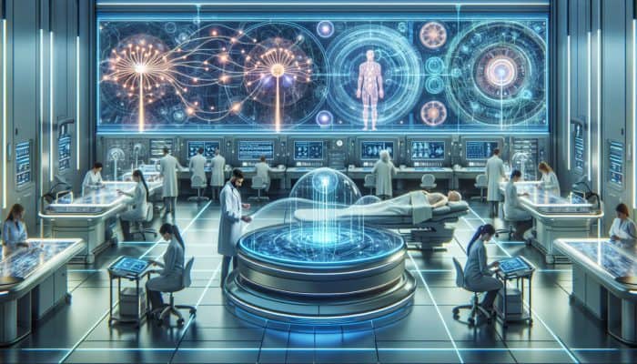 Advanced electroacupuncture devices showcased in a modern medical environment with professionals and relaxed patients.