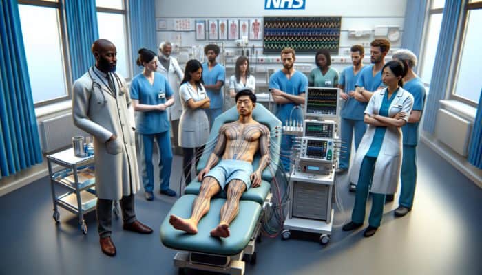 A diverse group of healthcare professionals observing an electroacupuncture session in a contemporary UK hospital setting with NHS branding.