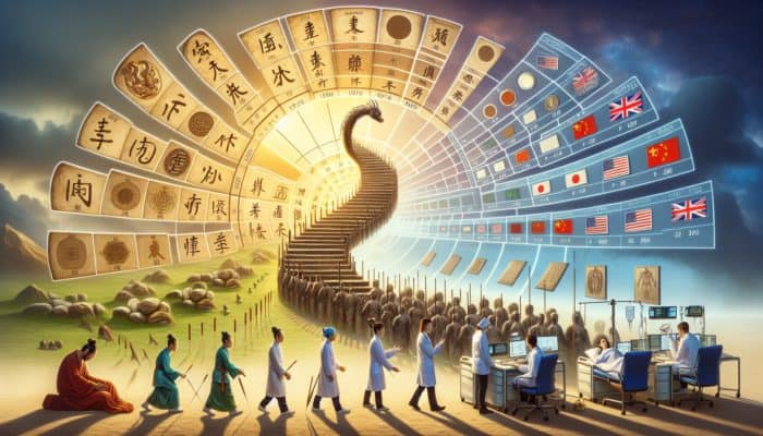 Historical tapestry illustrating acupuncture's evolution in the UK, from ancient Roman influence to contemporary healthcare practices.