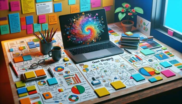 Master the Art of Guest Blogging to Amplify Your Online Presence: A laptop displaying a blog post, surrounded by colorful sticky notes and diagrams, with coffee and a plant.