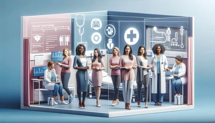 Diverse UK women accessing healthcare through NHS GPs and private clinics, accompanied by medical service symbols.