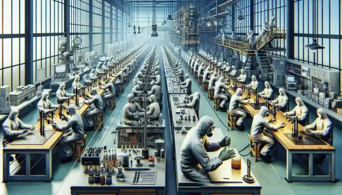 Workers in Goole testing safety gloves in a lab with advanced equipment to ensure quality and durability.