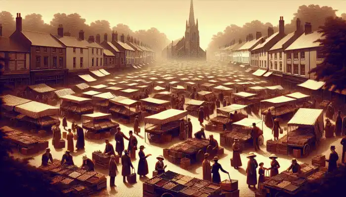 A bustling market scene in High Wycombe showcasing stalls selling vinyl gloves alongside diverse shoppers and historic architecture.