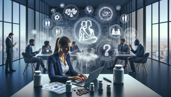 A nutritionist reviewing LinkedIn poll data on a laptop, with charts, graphs, and professionals discussing in a modern office.