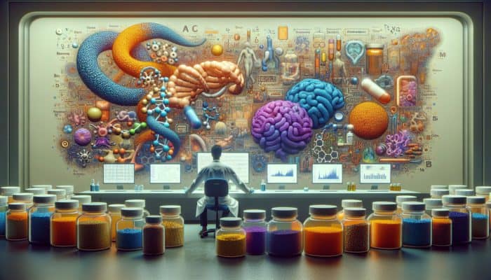A scientist examines colorful postbiotic supplements with gut health and immune function diagrams in a lab setting.