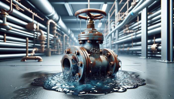 Corroded water valve leaking, surrounded by a pool of water, with rust and discoloration, in a utility room.