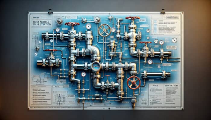 Cross-section of a plumbing system with gate, ball, check, and butterfly valves, clearly labeled and demonstrating water flow.