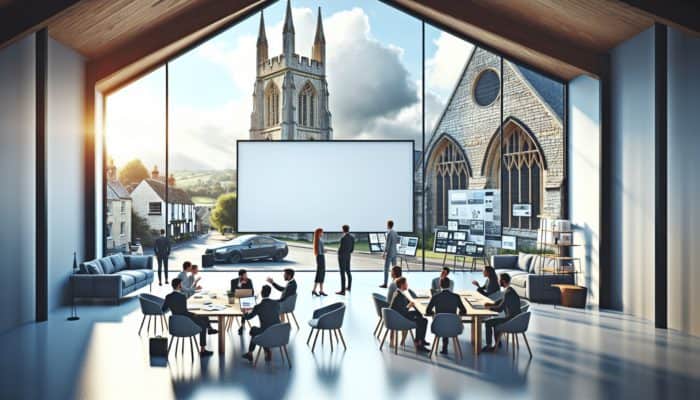 Contemporary WordPress design studio in Glastonbury, showing professionals collaborating around a large screen in a historic architecture setting.